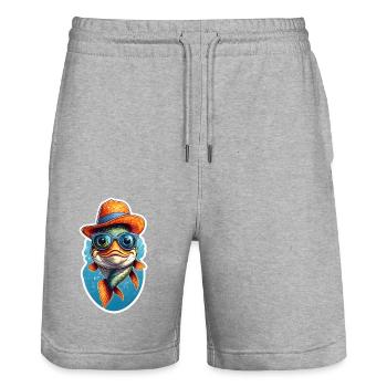 Drôle de poisson carpe koï avec lunettes de soleil et chapeau - Short de jogging bio TRAINER Stanley/Stella unisexe - gris chiné - Devant - Nik (191cm) & Marisol (170cm)