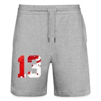 NR. 13 NUMMER 13 ROT WEIß 13. GEBURTSTAG - Stanley/Stella Unisex Bio Joggingshorts Trainer  - Grau meliert - Vorne - Nik (191cm) & Marisol (170cm)