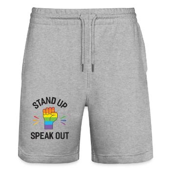Pride Month - Stand Up. Speak Out. - Stanley/Stella Trainer Unisex Organic Jogging Shorts - heather grey - Front - Nik (191cm) & Marisol (170cm)