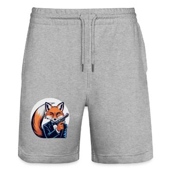 Fox in tuxedo with pistol - Stanley/Stella Trainer Unisex Organic Jogging Shorts - heather grey - Front - Nik (191cm) & Marisol (170cm)