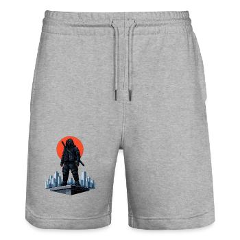 Urban Ninja in front of a red moon - Stanley/Stella Trainer Unisex Organic Jogging Shorts - heather grey - Front - Nik (191cm) & Marisol (170cm)