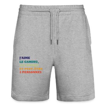 J aime le gaming, animes et peut être 3 personnes - Short de jogging bio TRAINER Stanley/Stella unisexe - gris chiné - Devant - Nik (191cm) & Marisol (170cm)