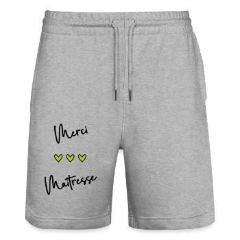 MERCI. THANKS. THANK YOU. ANNIVERSAIRE. NAISSANCE. - Short de jogging bio TRAINER Stanley/Stella unisexe - gris chiné - Devant - Nik (191cm) & Marisol (170cm)