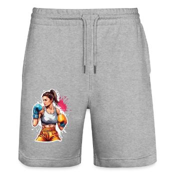 Boxeur / Sports / Combat / Arène / Ring de boxe / Poings - Short de jogging bio TRAINER Stanley/Stella unisexe - gris chiné - Devant - Nik (191cm) & Marisol (170cm)