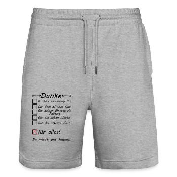 Polizist Danke zum Abschied Rente Ruhestand - Stanley/Stella Unisex Bio Joggingshorts Trainer  - Grau meliert - Vorne - Nik (191cm) & Marisol (170cm)