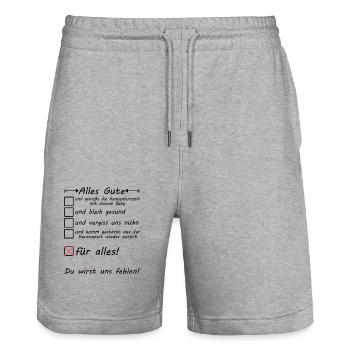 Karenz Karenzzeit Abschiedsgeschenk für Kollegin - Stanley/Stella Unisex Bio Joggingshorts Trainer  - Grau meliert - Vorne - Nik (191cm) & Marisol (170cm)