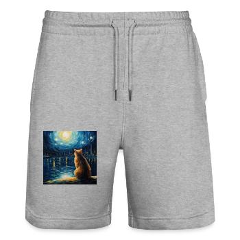 Cat, Cat Motif, Van Gogh, Starry Night - Stanley/Stella Trainer Unisex Organic Jogging Shorts - heather grey - Front - Nik (191cm) & Marisol (170cm)