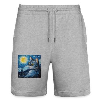 Chat, Motif De Chat, Van Gogh, Nuit Étoilée - Short de jogging bio TRAINER Stanley/Stella unisexe - gris chiné - Devant - Nik (191cm) & Marisol (170cm)