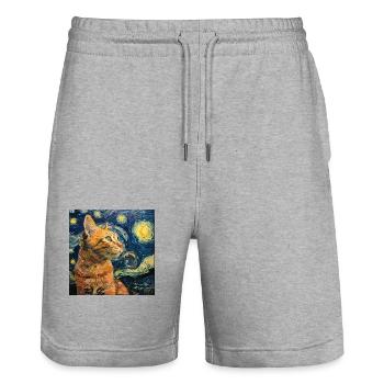 Chat, Motif De Chat, Van Gogh, Nuit Étoilée - Short de jogging bio TRAINER Stanley/Stella unisexe - gris chiné - Devant - Nik (191cm) & Marisol (170cm)