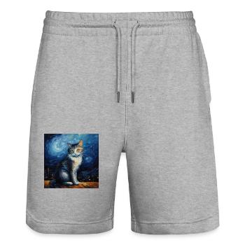 Cat, cat motif, van gogh, starry night - Stanley/Stella Trainer Unisex Organic Jogging Shorts - heather grey - Front - Nik (191cm) & Marisol (170cm)