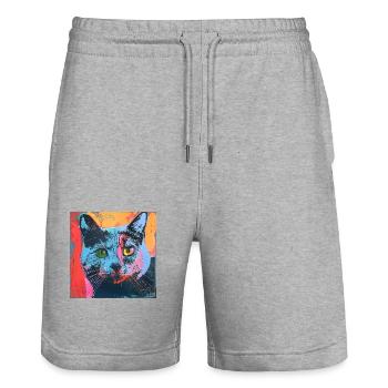 Cat, cat motif, pop art, gift, gift idea - Stanley/Stella Trainer Unisex Organic Jogging Shorts - heather grey - Front - Nik (191cm) & Marisol (170cm)