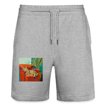 Chat, motif chat, pop art, cadeau, idée cadeau - Short de jogging bio TRAINER Stanley/Stella unisexe - gris chiné - Devant - Nik (191cm) & Marisol (170cm)