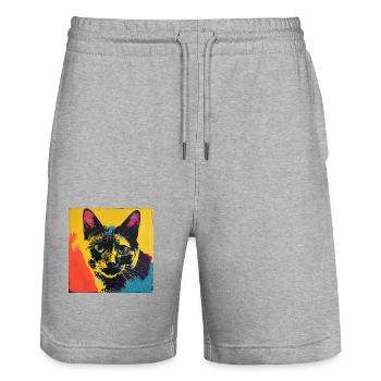 Cat, cat motif, pop art, gift, gift idea - Stanley/Stella Trainer Unisex Organic Jogging Shorts - heather grey - Front - Nik (191cm) & Marisol (170cm)