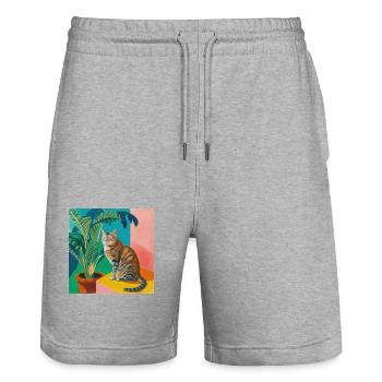 Cat, cat motif, pop art, gift, gift idea - Stanley/Stella Trainer Unisex Organic Jogging Shorts - heather grey - Front - Nik (191cm) & Marisol (170cm)