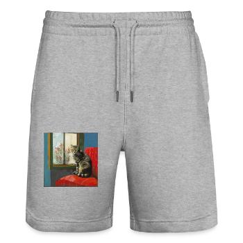 Cat, cat motif, pop art, gift, gift idea - Stanley/Stella Trainer Unisex Organic Jogging Shorts - heather grey - Front - Nik (191cm) & Marisol (170cm)