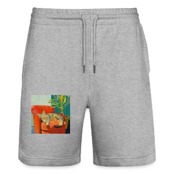 Chat, motif chat, pop art, cadeau, idée cadeau - Short de jogging bio TRAINER Stanley/Stella unisexe - gris chiné - Devant - Nik (191cm) & Marisol (170cm)