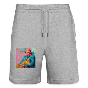 Chat, motif chat, pop art, cadeau, idée cadeau - Short de jogging bio TRAINER Stanley/Stella unisexe - gris chiné - Devant - Nik (191cm) & Marisol (170cm)