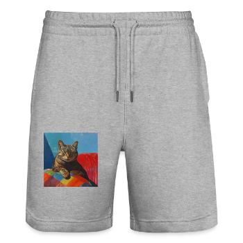 Chat, motif chat, pop art, cadeau, idée cadeau - Short de jogging bio TRAINER Stanley/Stella unisexe - gris chiné - Devant - Nik (191cm) & Marisol (170cm)