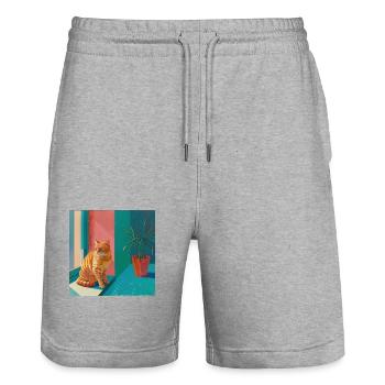 Chat, motif chat, pop art, cadeau, idée cadeau - Short de jogging bio TRAINER Stanley/Stella unisexe - gris chiné - Devant - Nik (191cm) & Marisol (170cm)