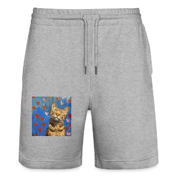 Chat, motif chat, pop art, cadeau, idée cadeau - Short de jogging bio TRAINER Stanley/Stella unisexe - gris chiné - Devant - Nik (191cm) & Marisol (170cm)