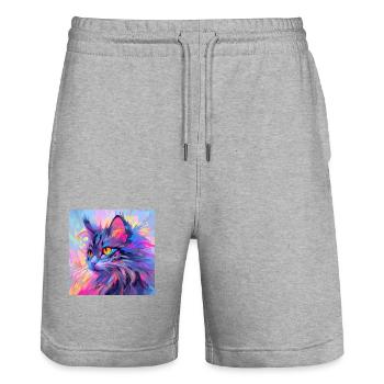 chat, motif de chat, anime, cadeau, idées cadeaux - Short de jogging bio TRAINER Stanley/Stella unisexe - gris chiné - Devant - Nik (191cm) & Marisol (170cm)