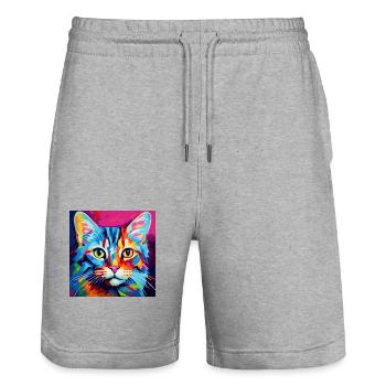 Cat, cat motif, pop art, gift, gift idea - Stanley/Stella Trainer Unisex Organic Jogging Shorts - heather grey - Front - Nik (191cm) & Marisol (170cm)