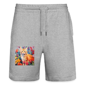Katze, katzenmotiv, blumen, geschenk, geschenkidee - Stanley/Stella Unisex Bio Joggingshorts Trainer  - Grau meliert - Vorne - Nik (191cm) & Marisol (170cm)