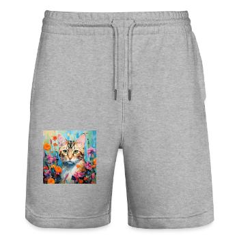 chat, motif de chat, fleurs, cadeau, idée cadeau - Short de jogging bio TRAINER Stanley/Stella unisexe - gris chiné - Devant - Nik (191cm) & Marisol (170cm)