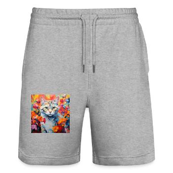 chat, motif de chat, fleurs, cadeau, idée cadeau - Short de jogging bio TRAINER Stanley/Stella unisexe - gris chiné - Devant - Nik (191cm) & Marisol (170cm)