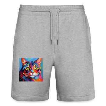 Cat, cat motif, pop art, gift, gift idea - Stanley/Stella Trainer Unisex Organic Jogging Shorts - heather grey - Front - Nik (191cm) & Marisol (170cm)