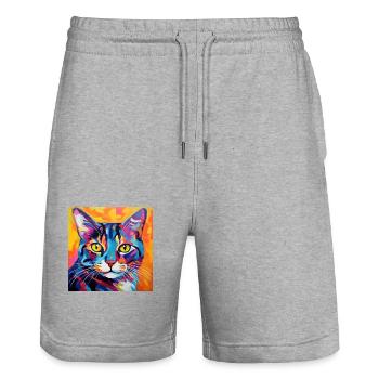 Cat, cat motif, pop art, gift, gift idea - Stanley/Stella Trainer Unisex Organic Jogging Shorts - heather grey - Front - Nik (191cm) & Marisol (170cm)