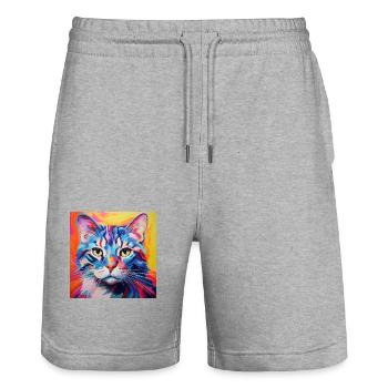 Chat, motif chat, pop art, cadeau, idée cadeau - Short de jogging bio TRAINER Stanley/Stella unisexe - gris chiné - Devant - Nik (191cm) & Marisol (170cm)