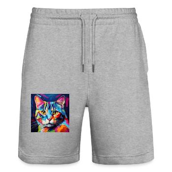 Chat, motif chat, pop art, cadeau, idée cadeau - Short de jogging bio TRAINER Stanley/Stella unisexe - gris chiné - Devant - Nik (191cm) & Marisol (170cm)