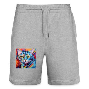 Chat, motif chat, pop art, cadeau, idée cadeau - Short de jogging bio TRAINER Stanley/Stella unisexe - gris chiné - Devant - Nik (191cm) & Marisol (170cm)