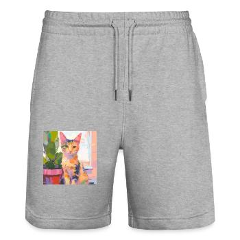 Cat, Cat Motif - Stanley/Stella Trainer Unisex Organic Jogging Shorts - heather grey - Front - Nik (191cm) & Marisol (170cm)