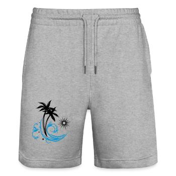 Palmiers avec vagues et soleil, vacances, surf. - Short de jogging bio TRAINER Stanley/Stella unisexe - gris chiné - Devant - Nik (191cm) & Marisol (170cm)