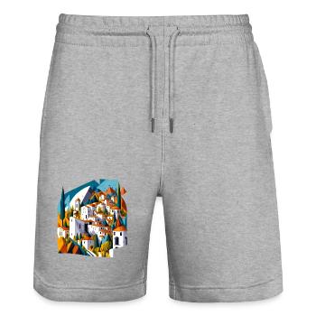 Mediterranean mountain village - Stanley/Stella Trainer Unisex Organic Jogging Shorts - heather grey - Front - Nik (191cm) & Marisol (170cm)