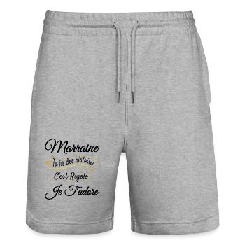 Marraine tu lis des histoires rigolo je t'adore - Short de jogging bio TRAINER Stanley/Stella unisexe - gris chiné - Devant - Nik (191cm) & Marisol (170cm)