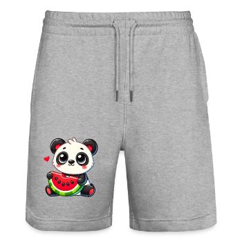 L’adorable panda déguste un morceau de pastèque - Short de jogging bio TRAINER Stanley/Stella unisexe - gris chiné - Devant - Nik (191cm) & Marisol (170cm)