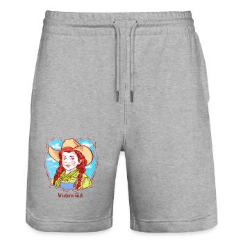 Western Girl Portrait in Pop Comic - Stanley/Stella Trainer Unisex Organic Jogging Shorts - heather grey - Front - Nik (191cm) & Marisol (170cm)
