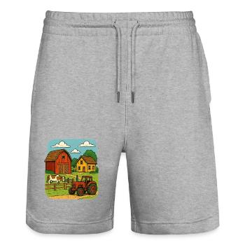 Ferme rurale avec tracteur rouge - Short de jogging bio TRAINER Stanley/Stella unisexe - gris chiné - Devant - Nik (191cm) & Marisol (170cm)