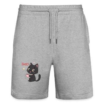 Black Cat Smiling Sweet Coffee - Stanley/Stella Trainer Unisex Organic Jogging Shorts - heather grey - Front - Nik (191cm) & Marisol (170cm)