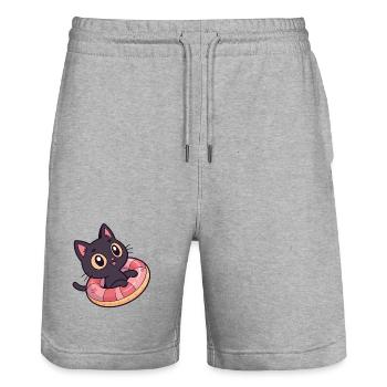 Schwarze Katze auf Donut-Boje - Stanley/Stella Unisex Bio Joggingshorts Trainer  - Grau meliert - Vorne - Nik (191cm) & Marisol (170cm)