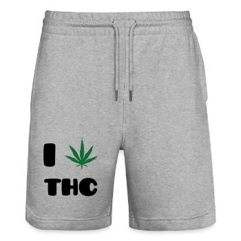 I Love THC - Weed - Cannabis - Stanley/Stella Trainer Unisex Organic Jogging Shorts - heather grey - Front - Nik (191cm) & Marisol (170cm)