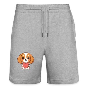 Chiot câlin tenant un cœur rose - Short de jogging bio TRAINER Stanley/Stella unisexe - gris chiné - Devant - Nik (191cm) & Marisol (170cm)