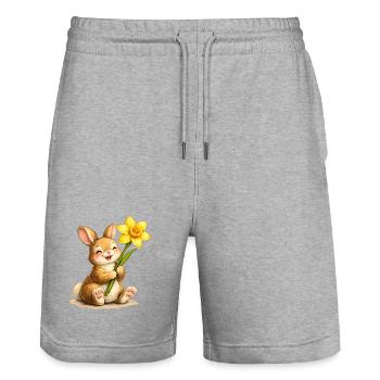 Bunny with yellow spring flower - Stanley/Stella Trainer Unisex Organic Jogging Shorts - heather grey - Front - Nik (191cm) & Marisol (170cm)