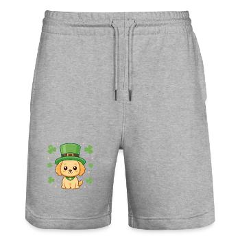 Chiot Labrador kawaii trèfle et chapeau vert - Short de jogging bio TRAINER Stanley/Stella unisexe - gris chiné - Devant - Nik (191cm) & Marisol (170cm)