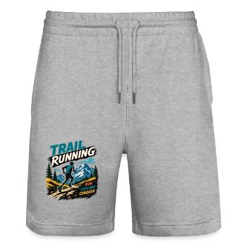 Trail Running. Run. Explore. Conquer - Stanley/Stella Trainer Unisex Organic Jogging Shorts - heather grey - Front - Nik (191cm) & Marisol (170cm)