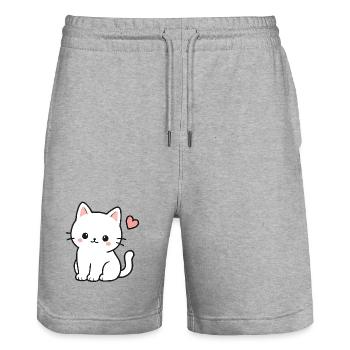 Cute White Kawaii Cat With Heart - Stanley/Stella Trainer Unisex Organic Jogging Shorts - heather grey - Front - Nik (191cm) & Marisol (170cm)