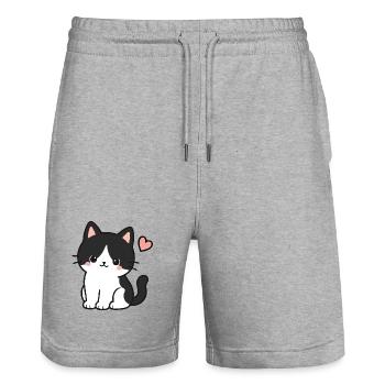 Cute Black Cat With Heart - Stanley/Stella Trainer Unisex Organic Jogging Shorts - heather grey - Front - Nik (191cm) & Marisol (170cm)